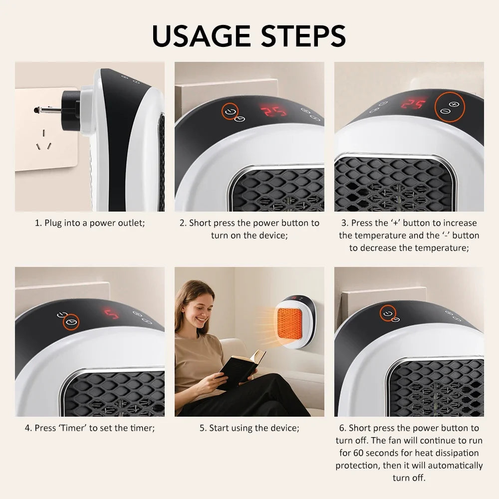 600W Portable Electric Heater Plug in Wall Space Heater Remote Wall Outlet with Timer Warmer Machine Fast Warming Room Heater