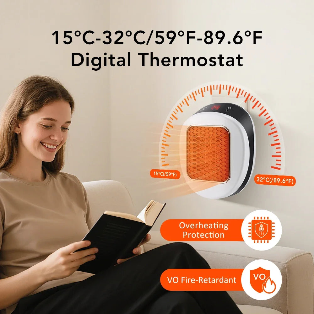 600W Portable Electric Heater Plug in Wall Space Heater Remote Wall Outlet with Timer Warmer Machine Fast Warming Room Heater