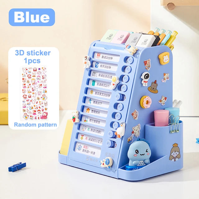 New 360°Rotatable Pen Holder Large Capacity Desk Organizer Self Disciplined Clock in Day Planner Storage Box Pencil Holder