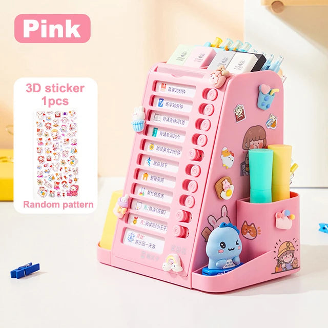 New 360°Rotatable Pen Holder Large Capacity Desk Organizer Self Disciplined Clock in Day Planner Storage Box Pencil Holder