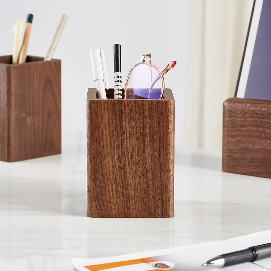 Walnut Wood Pen Holder Minimalist Desktop Organizer Box for Office Stationery Storage Wooden Desk Accessory Gift for Study & Wo