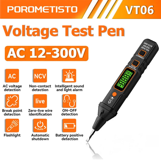 POROMETISTO VT06 Smart Inductive Tester Pen AC 12-300V NCV Continuity Test Voltage Test Pen Live/Null Wire Test Electrical Tool