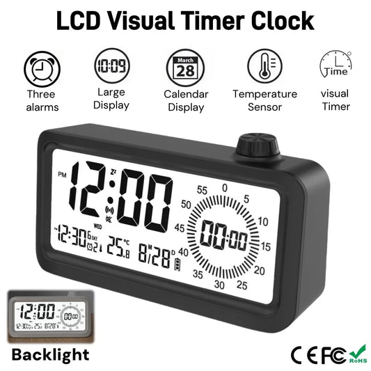 Pomodoro Digital Visual Timer with 3 Alarm Clock, All in One 60min Study Kitchen Shower Blacknight Cute Timer, Time Manager Tool