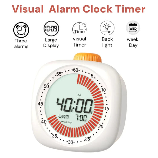 Pomodoro Digital Visual Timer with 3 Alarm Clock, All In One 60min Study Kitchen Shower Blacknight Cute Timer, Time Manager Tool