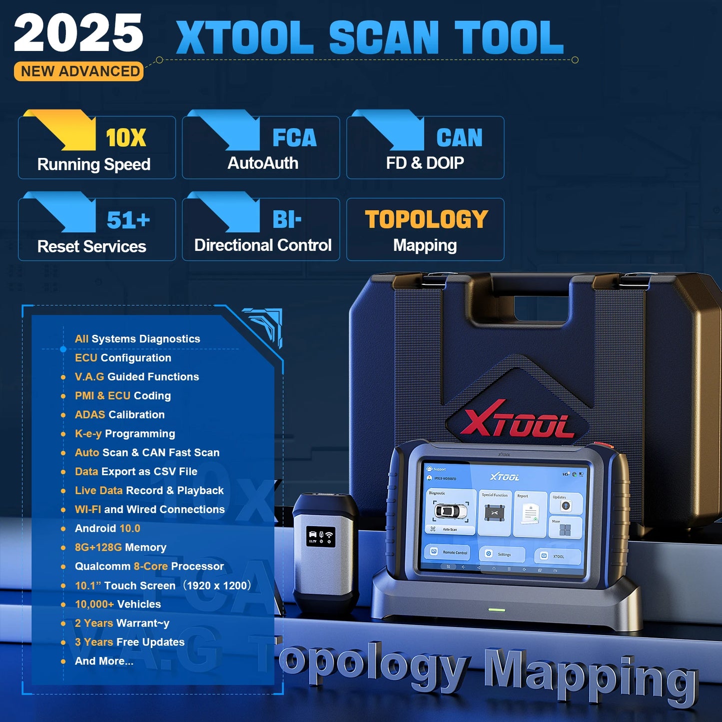 XTOOL IP919 Bluetooth Automotive Scanner ECU Coding 51+ Resets Car Diagnostic Tool Add PRE/POST SCAN Topology Map DOIP CANFD FCA