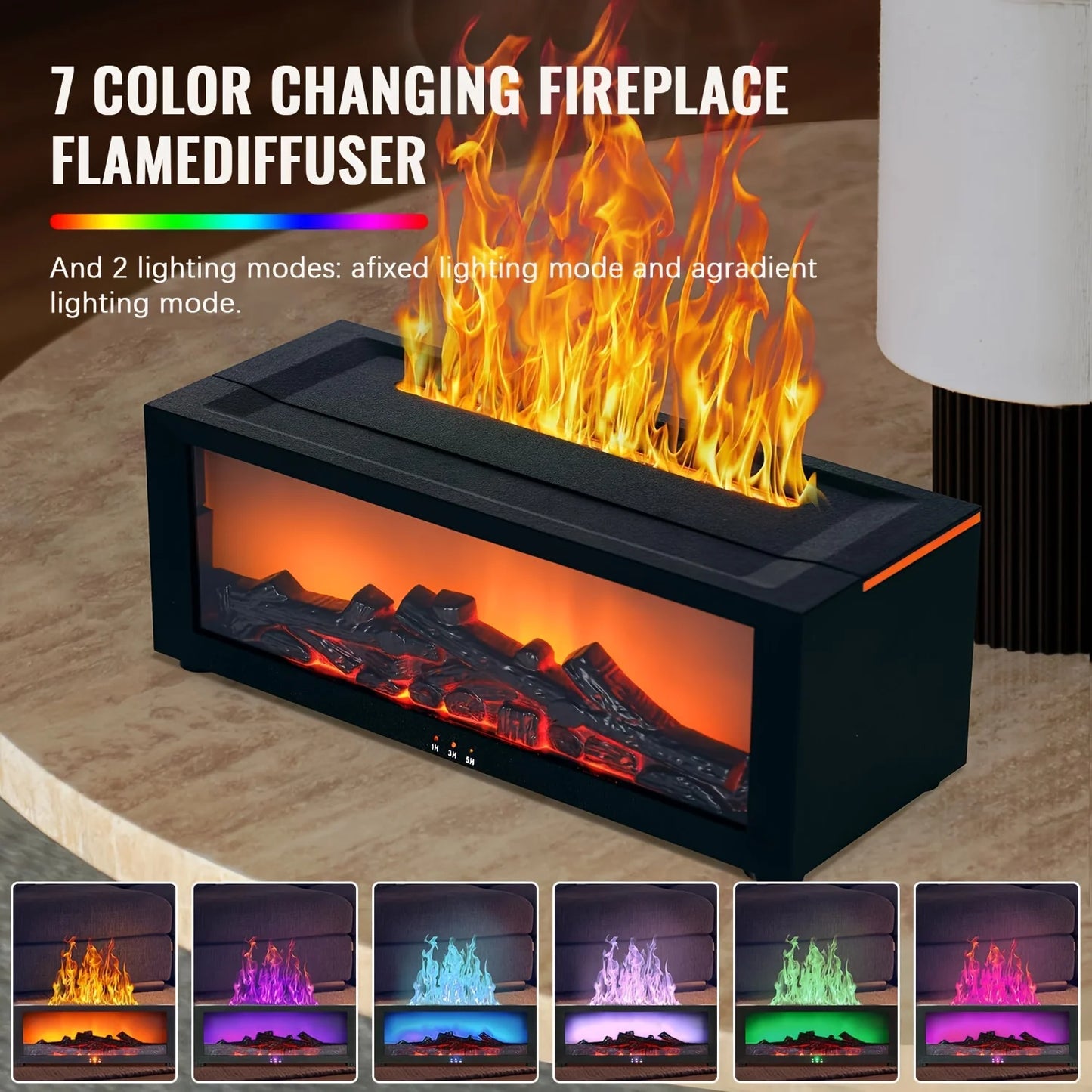 USB Flame Fireplace Humidifier Essential Oil Diffuser with Night Light 3-Speed Timer Low Water Level Protection for Desktop