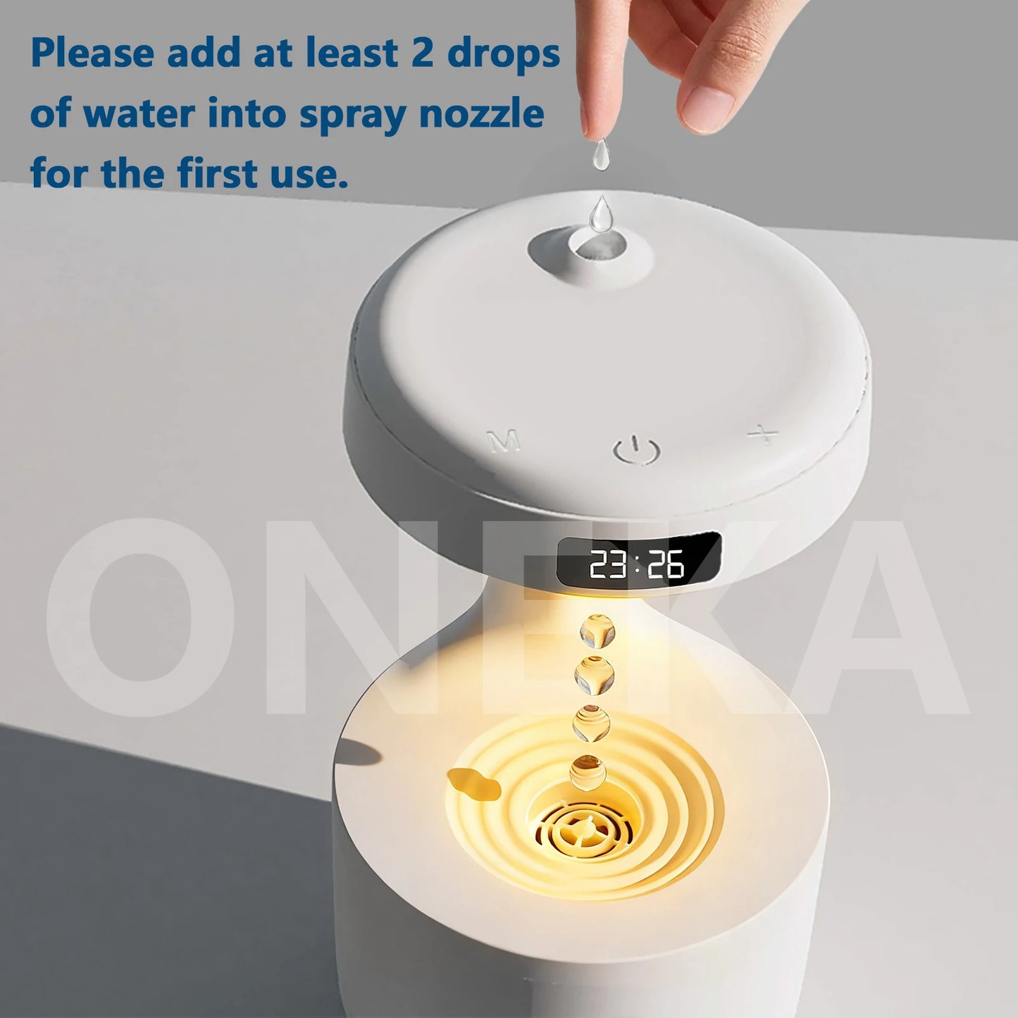 ONEKA Anti-Gravity Humidifier With Clock Night Light Water Drop Backflow For Office Bedroom Yoga Home
