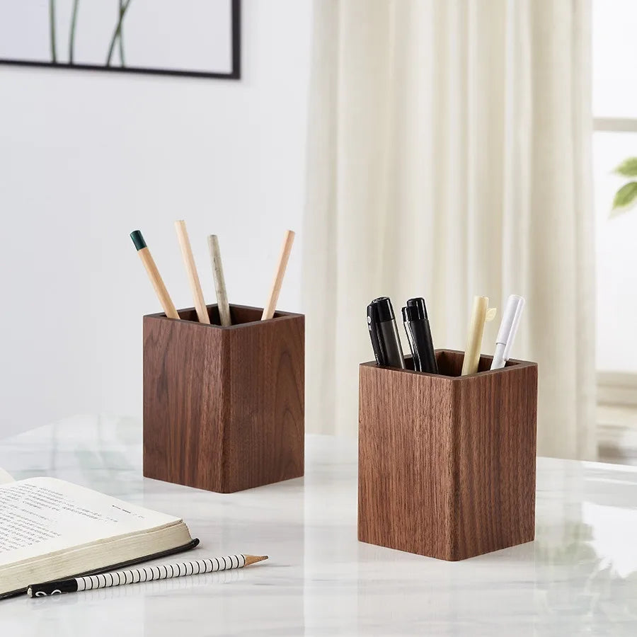 Walnut Wood Pen Holder Minimalist Desktop Organizer Box for Office Stationery Storage Wooden Desk Accessory Gift for Study & Wo