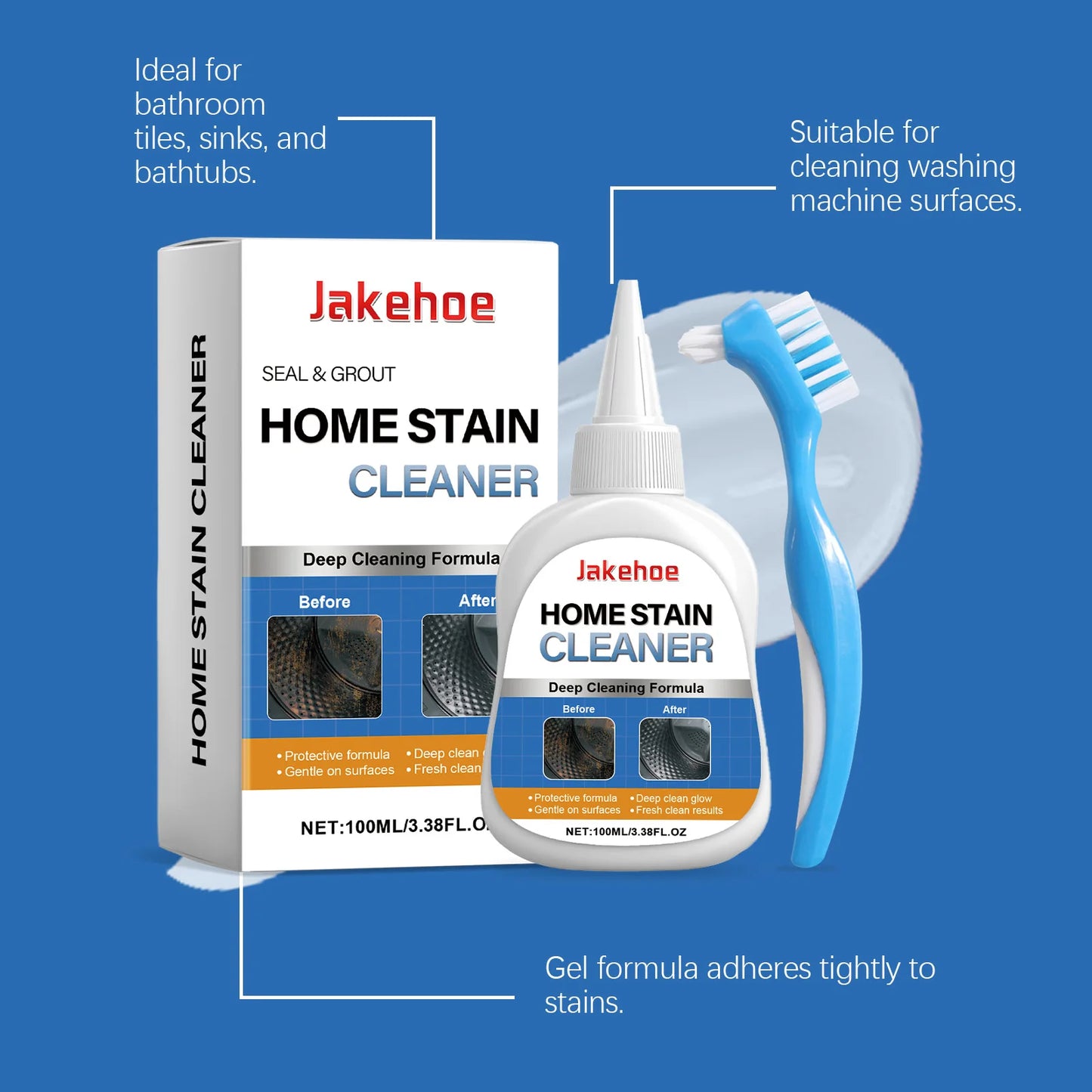 JAKEHOE Household Stain Remover Gel Heavy Duty Washing Machine Cleaner with Brush Shower Bathroom Sink All-Purpose Cleaning Gel
