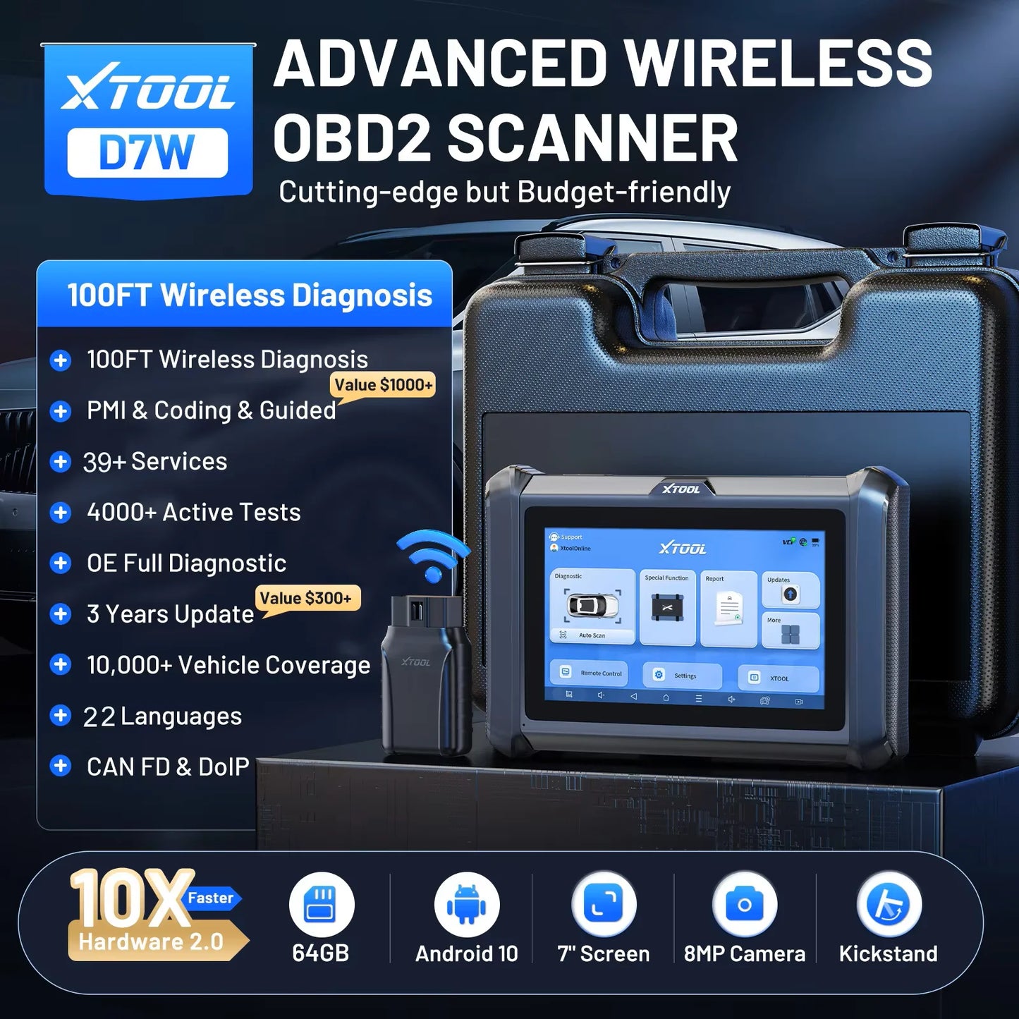 XTOOL D7W Bluetooth Diagnostic Tool All System Automotive Scanner Bi-Directional Control ECU Online Code Built in CAN FD DOIP