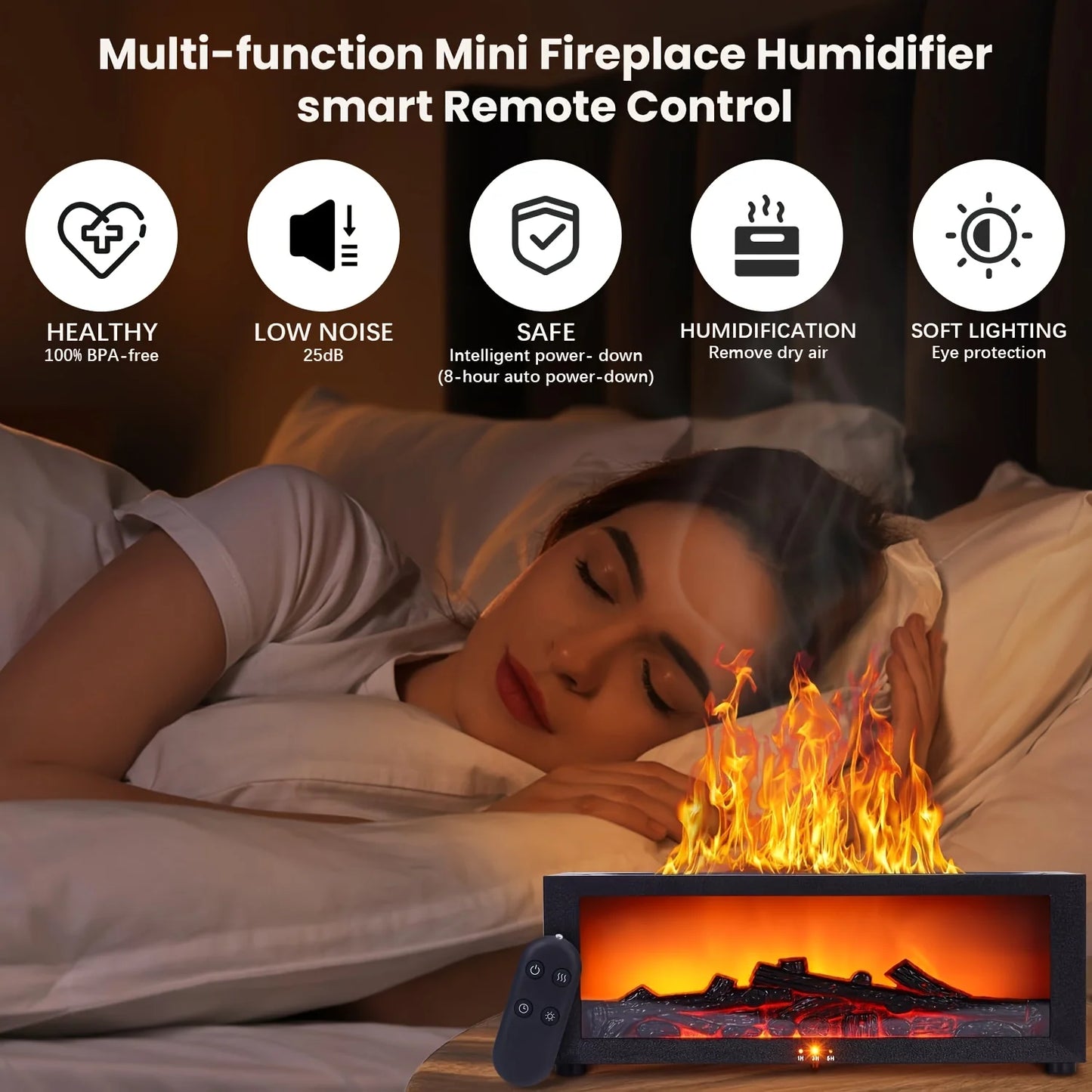 USB Flame Fireplace Humidifier Essential Oil Diffuser with Night Light 3-Speed Timer Low Water Level Protection for Desktop
