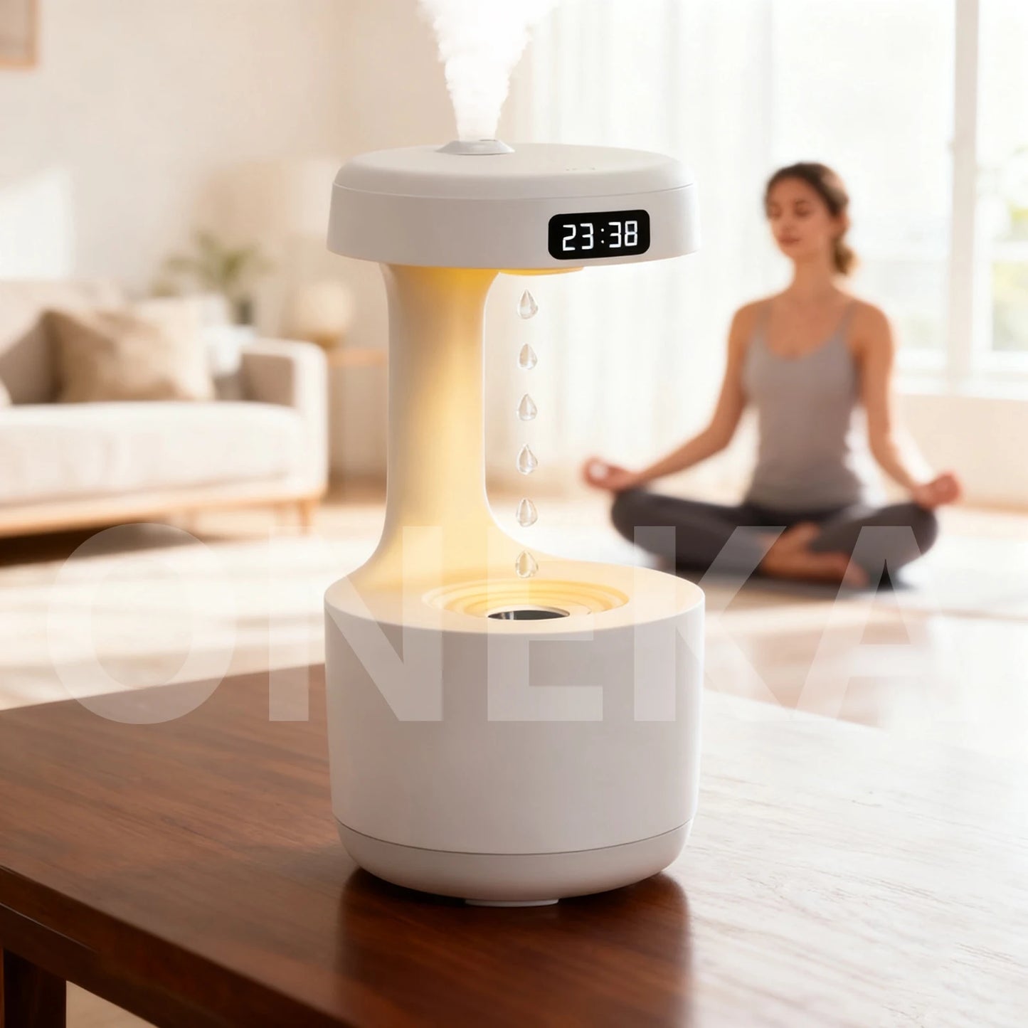 ONEKA Anti-Gravity Humidifier With Clock Night Light Water Drop Backflow For Office Bedroom Yoga Home
