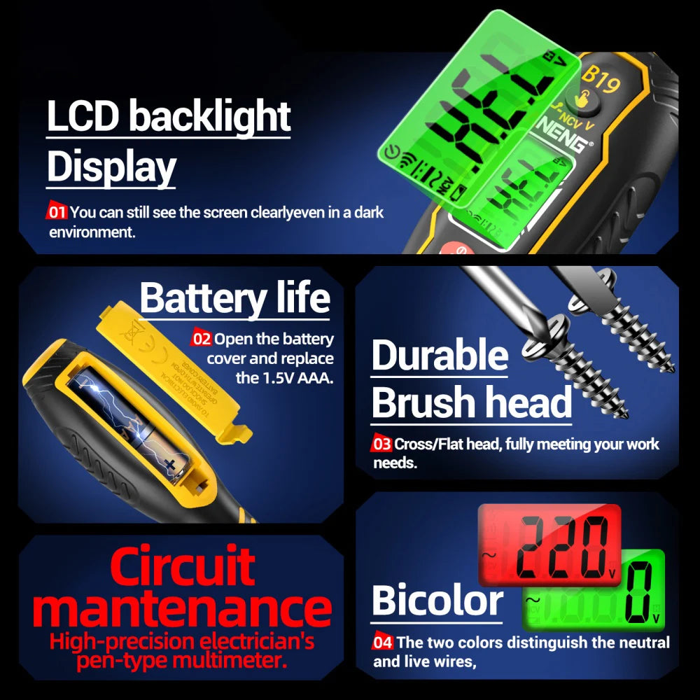 ANENG B19 Tester Pen 30-1000V Voltage Detector Meter Voltmeter Buzzer Alarm Non-Contact Test Diagnostic Breakpoint Finder Tools