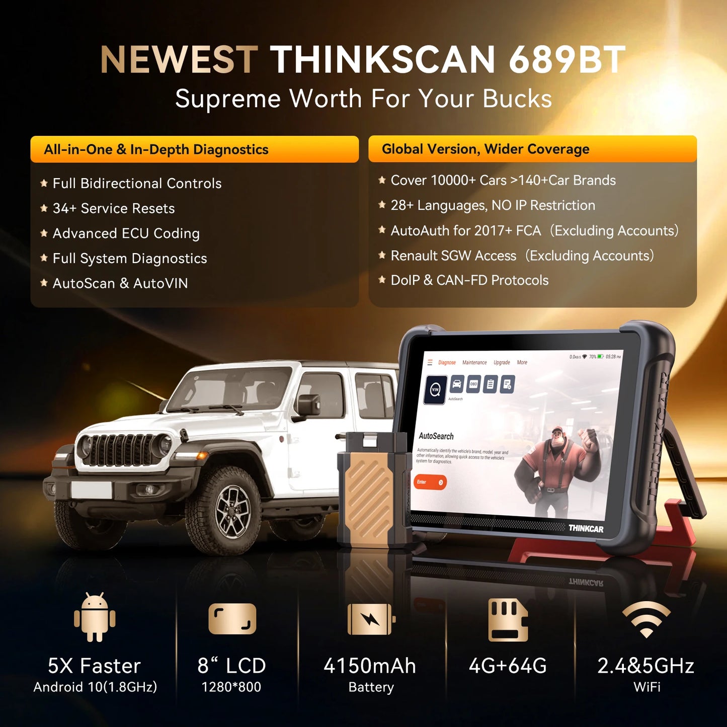 Lifetime Free Update THINKCAR THINKSCAN 689BT OBD2 Diagnostic Tool DOIP CAN FD All System Bi-directional ECU Coding 34 Resets