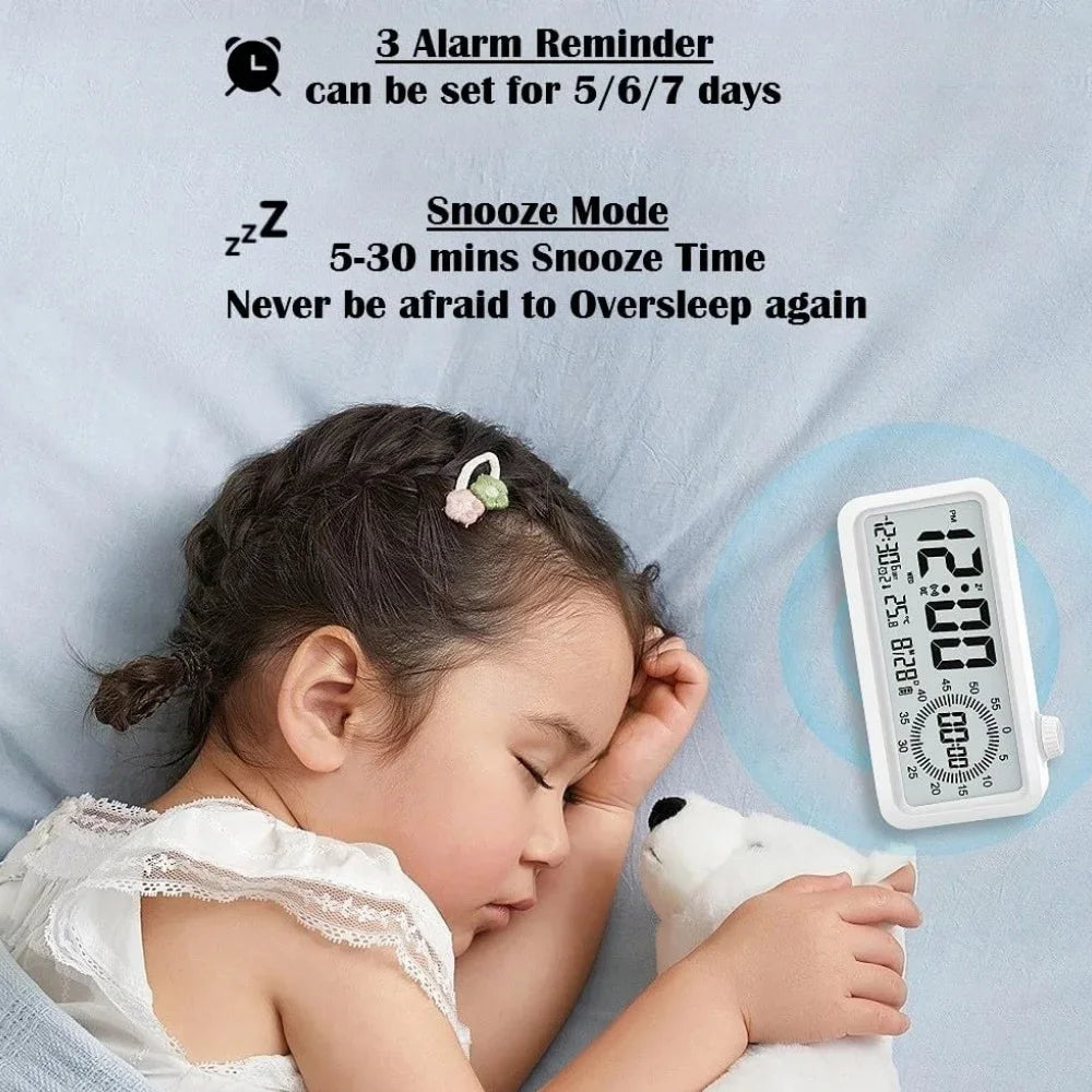 Pomodoro Digital Visual Timer with 3 Alarm Clock, All in One 60min Study Kitchen Shower Blacknight Cute Timer, Time Manager Tool