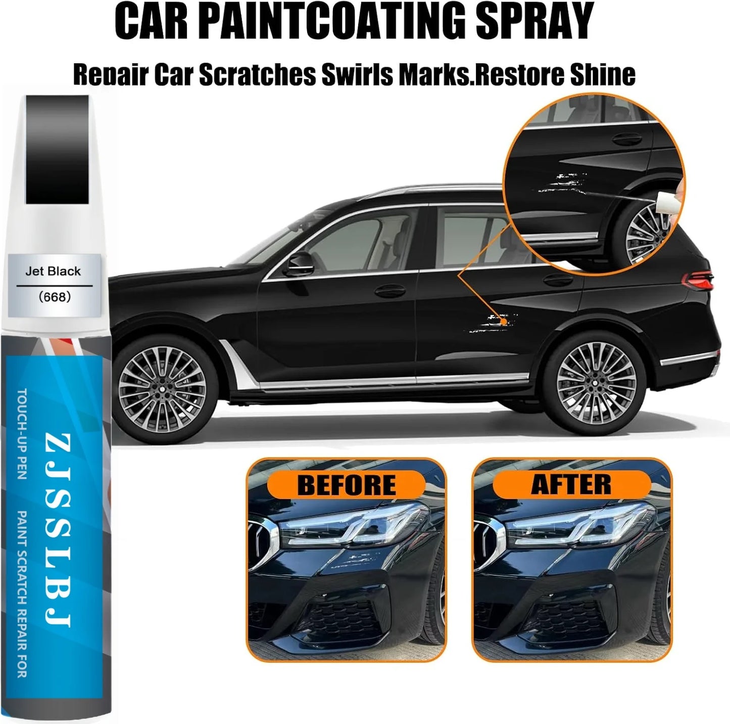 Car Touch Up Paint(Jet Black(668)) for BMW, Car Paint Scratch Repair Kit, Quick & Easy Solution to Repair, 2 in 1 Scratch Remove